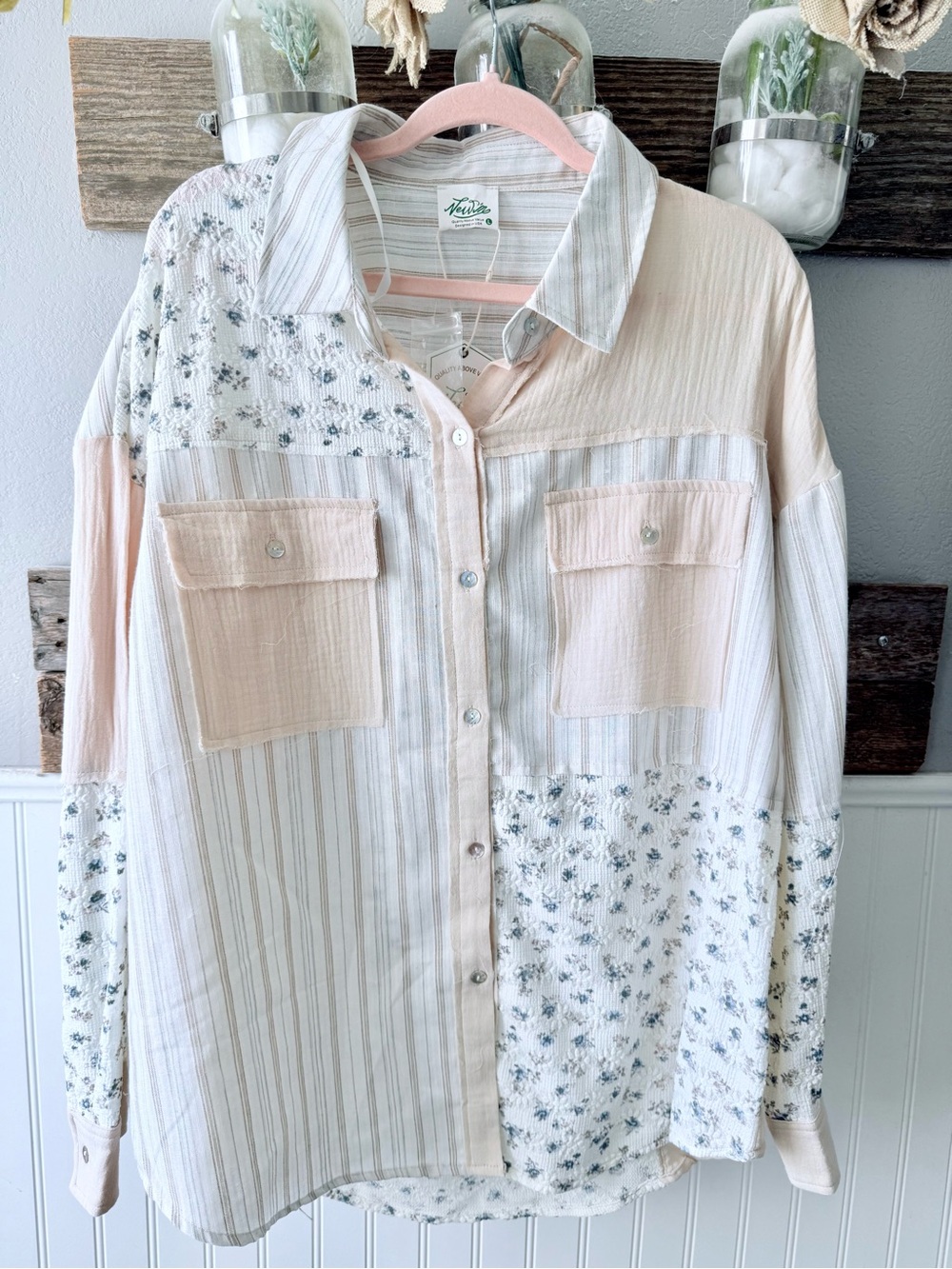 Patchwork Button-Down Shirt in Soft Pink and Cream